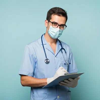 Médica sorrindo segurando um tablet
